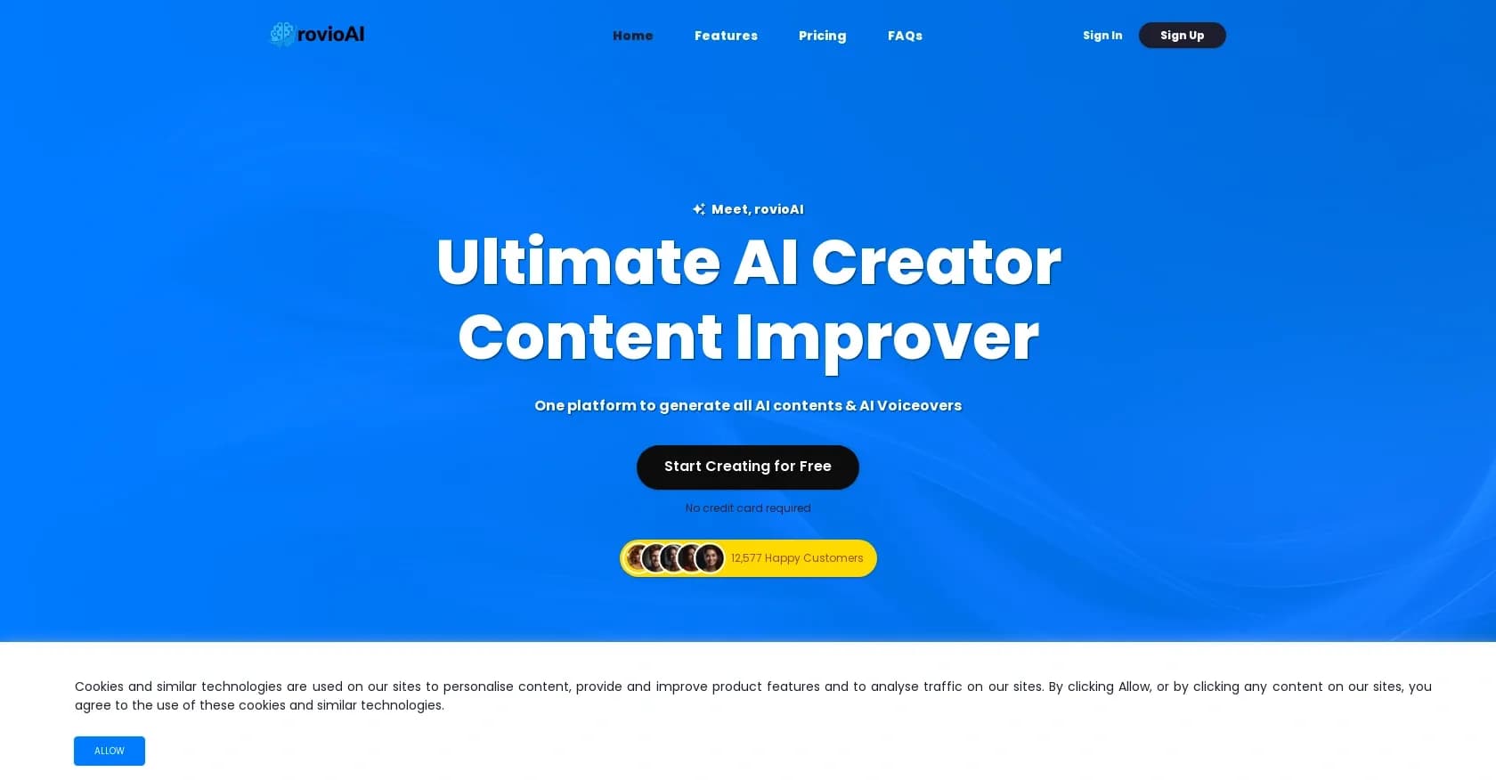 rovioAI homepage screenshot — Generate AI content that converts in minutes.