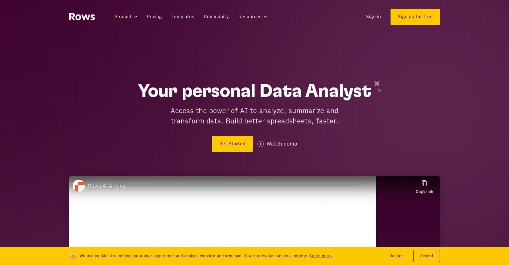 Rows AI homepage screenshot — AI-powered spreadsheets for faster, smarter data analysis.