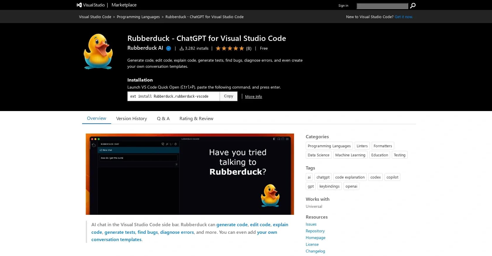 Rubberduck homepage screenshot — ChatGPT-powered coding assistant for Visual Studio Code