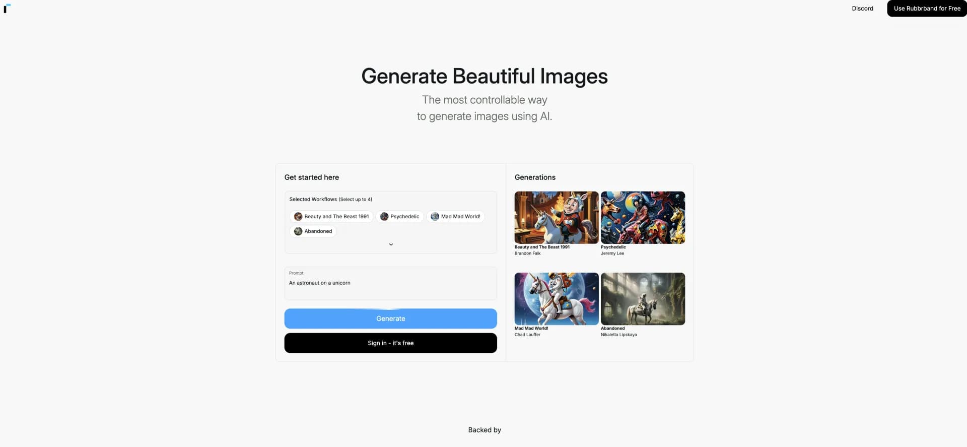 Rubbrband homepage screenshot — Generate beautiful images and video with Rubbrband.