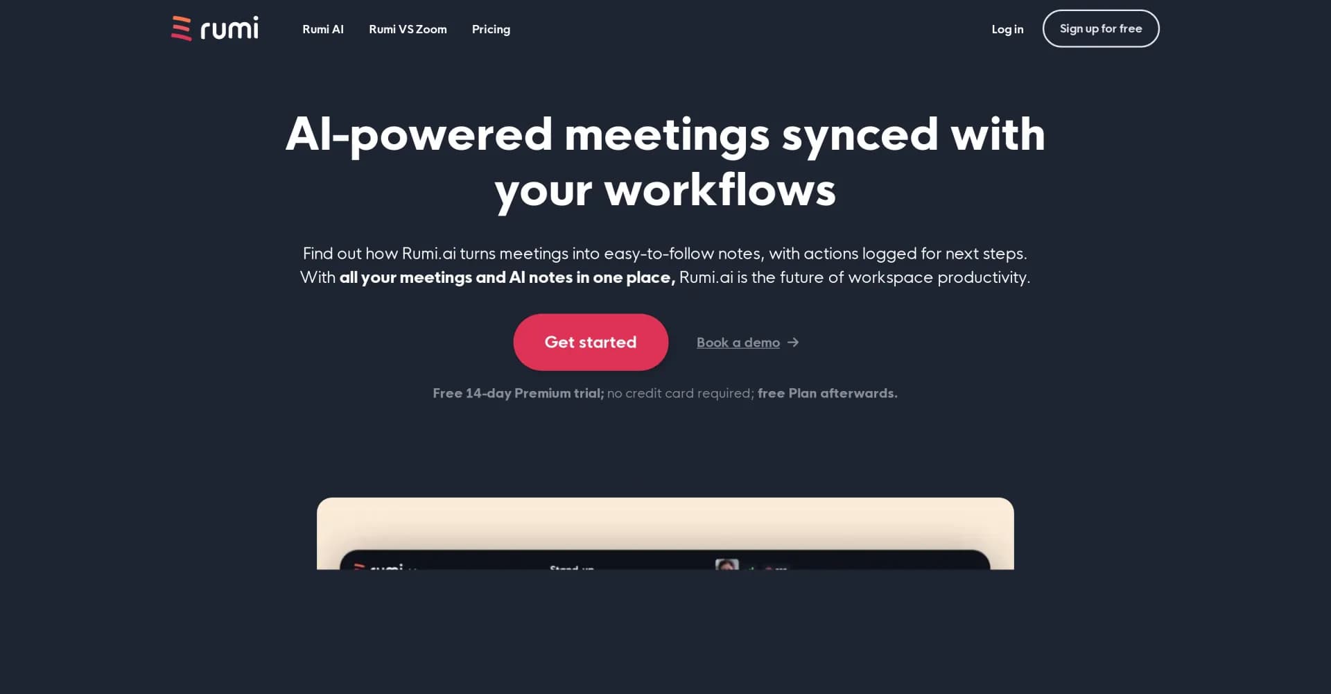 Rumi homepage screenshot — Redefine meetings with AI-synced notes and tasks