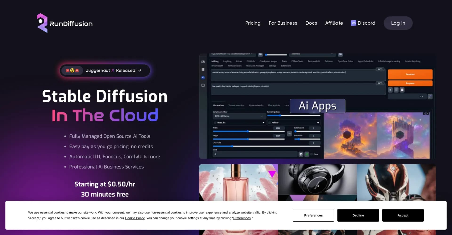 RunDiffusion homepage screenshot — AI art generation in the cloud, ready in 90 seconds