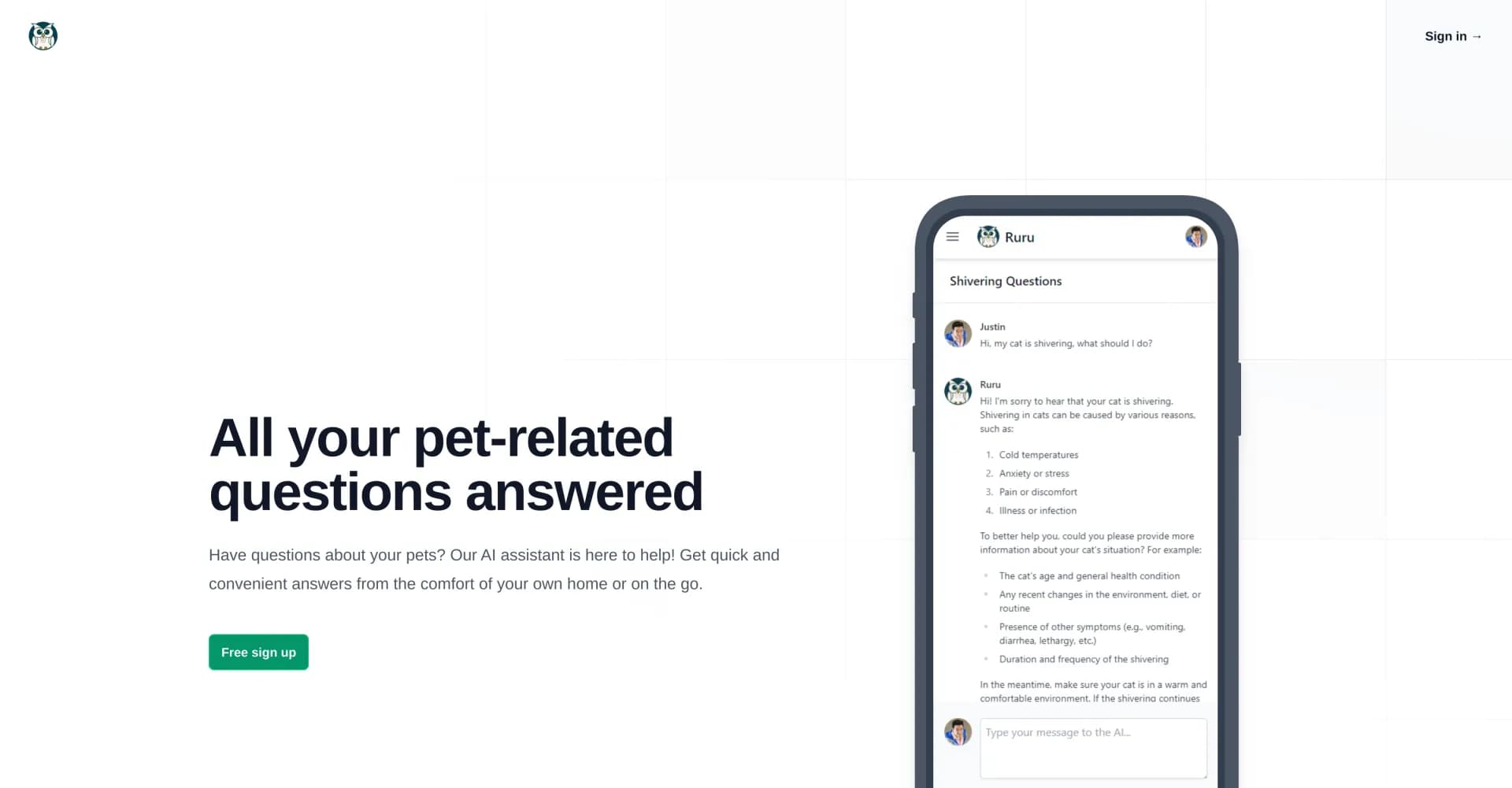 Ruru homepage screenshot — AI-powered answers for all your pet questions
