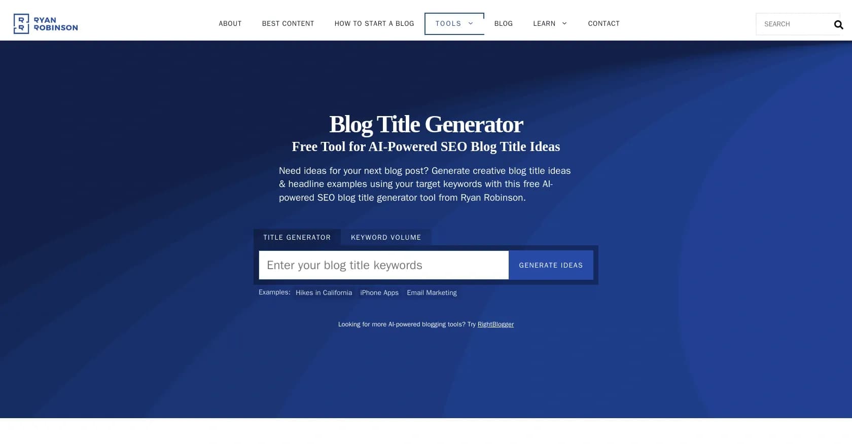Ryrob homepage screenshot — Generate SEO-optimized blog titles with AI