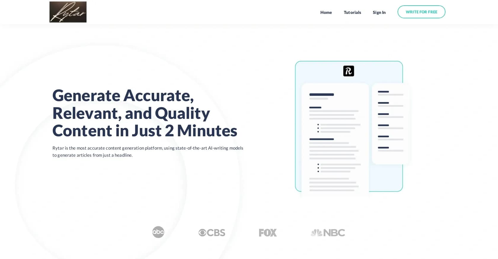 Rytar homepage screenshot — Transform headlines into articles in minutes.