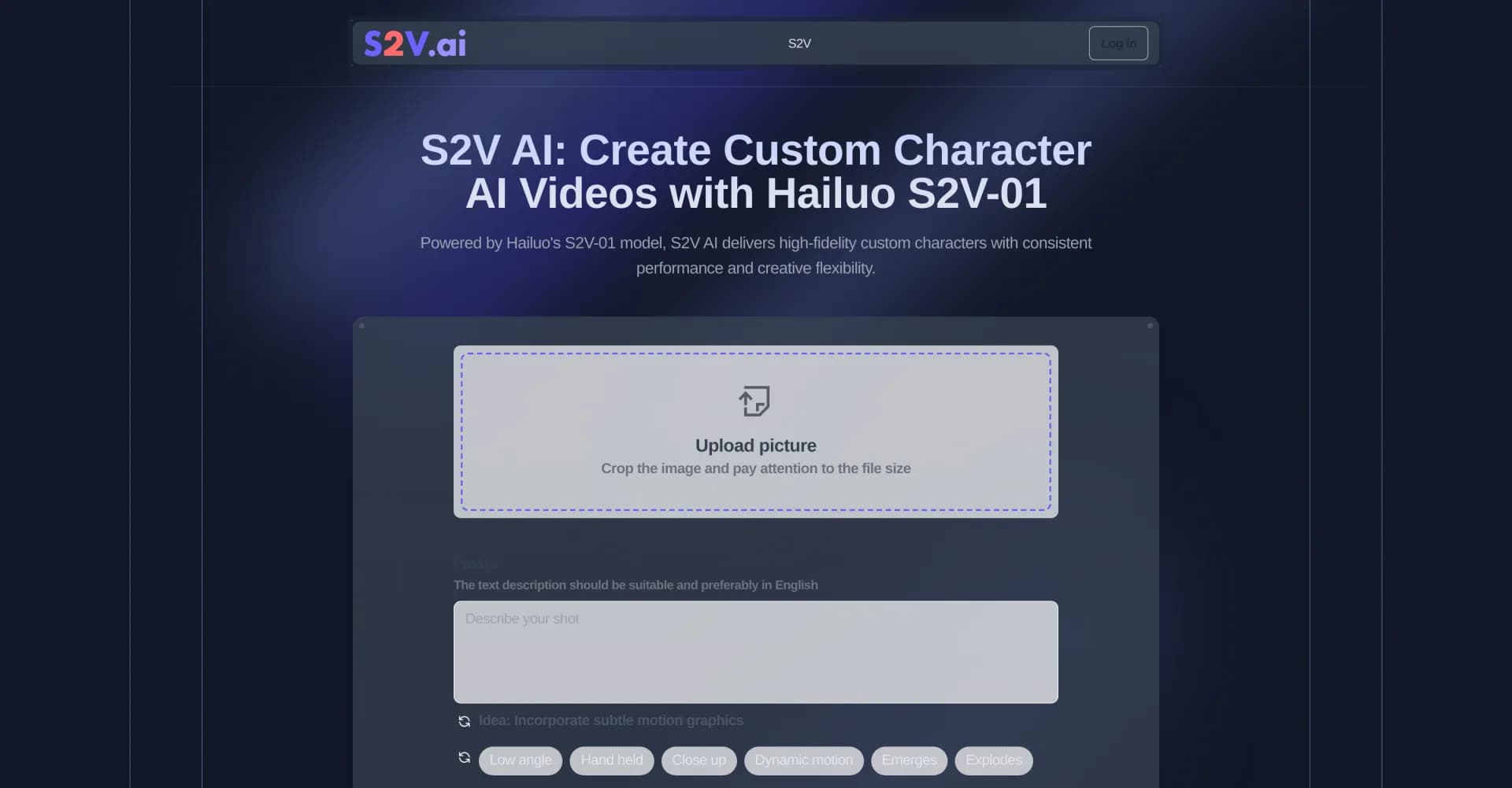 S2V homepage screenshot — Create custom character AI videos instantly