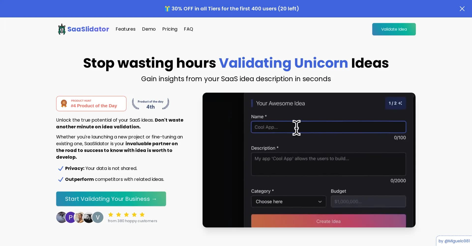 SaaSlidator homepage screenshot — Validate SaaS ideas in seconds