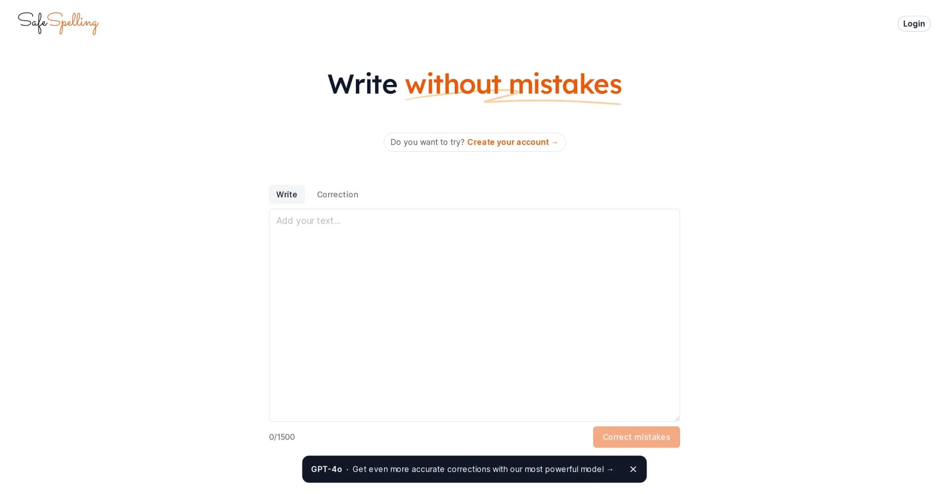 SafeSpelling homepage screenshot — Eliminate spelling mistakes with AI precision.