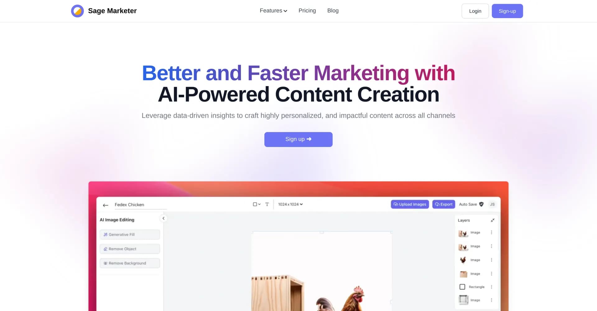 Sage Marketer homepage screenshot — Transform data into conversion-driving marketing content.