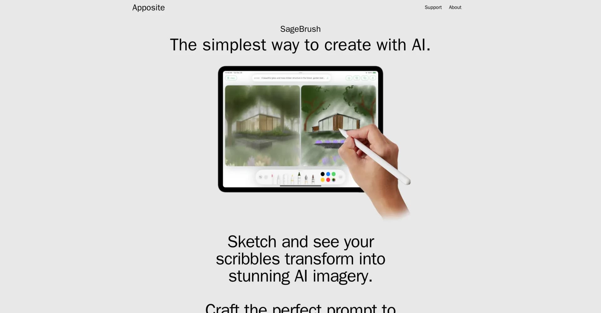 SageBrush homepage screenshot — Turn scribbles into stunning AI imagery.