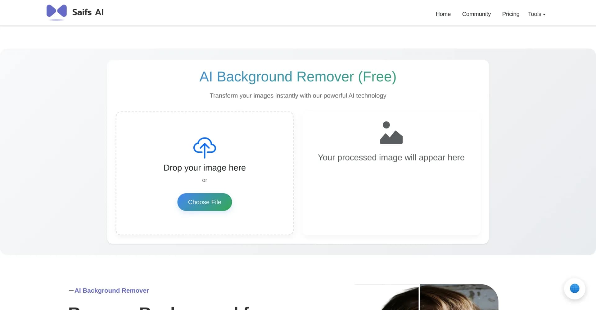 Saifs homepage screenshot — Remove backgrounds instantly with AI.