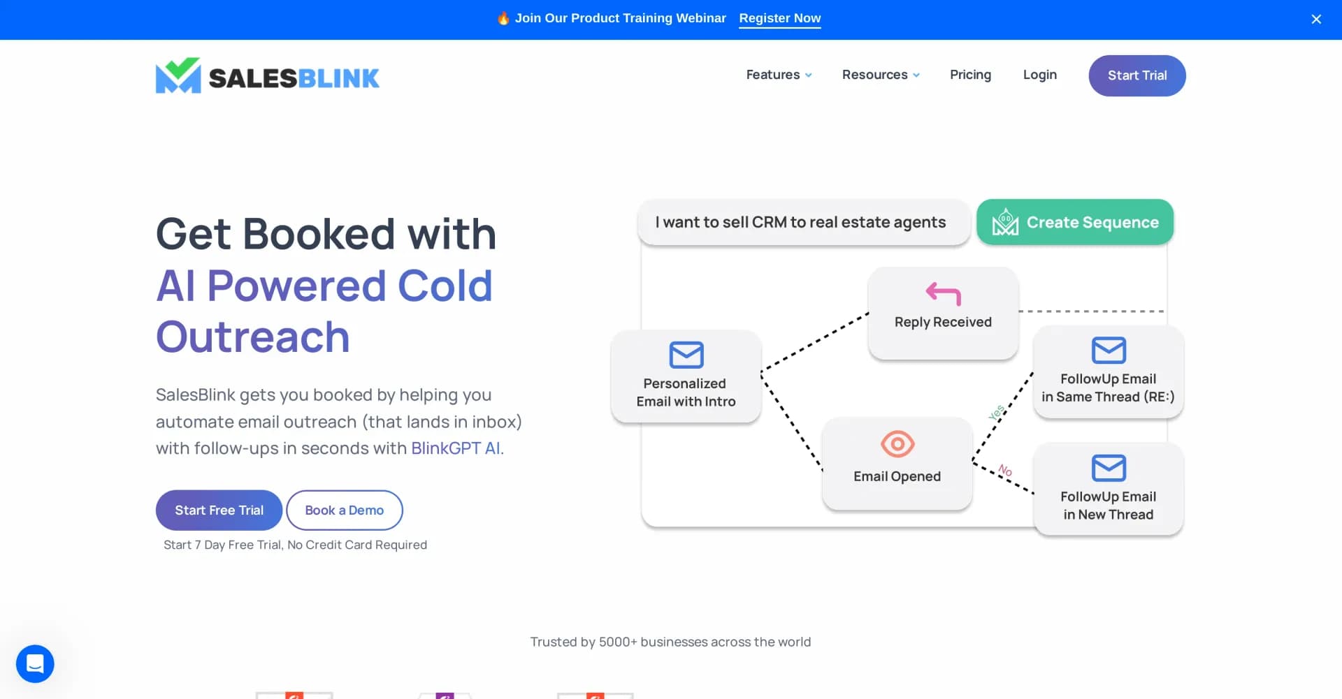 SalesBlink homepage screenshot — AI-powered cold email outreach that books meetings on autopi