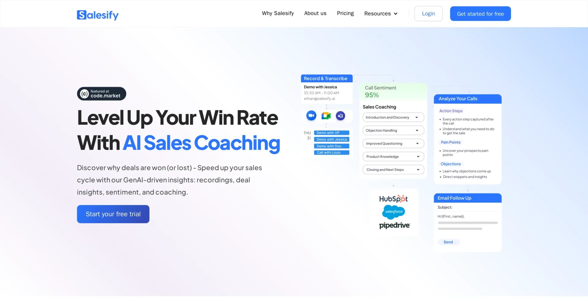 Salesify AI Sales Coach homepage screenshot — Boost win rates with AI-powered sales coaching.