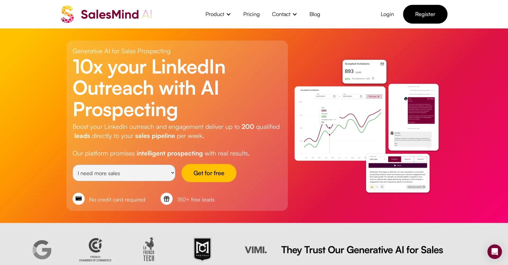 SalesMind homepage screenshot — Supercharge sales with AI-powered prospecting tools.