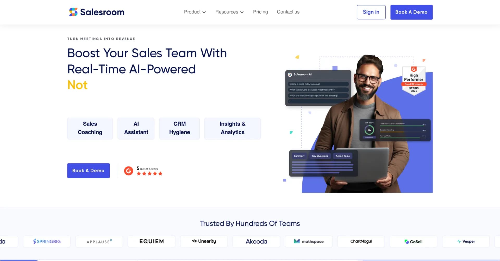 Salesroom homepage screenshot — Boost sales with AI-powered video calls and analytics.