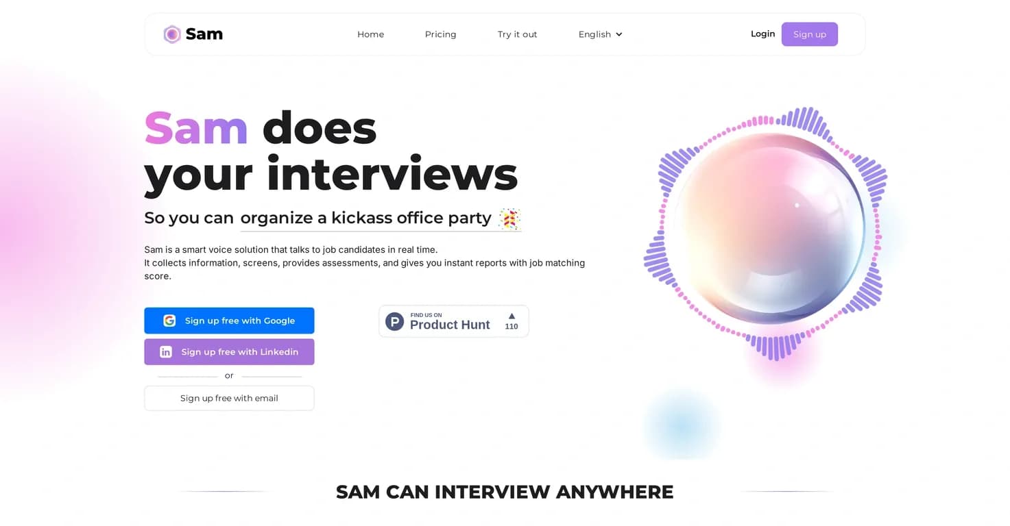 Sam homepage screenshot — AI-powered voice interviews to streamline hiring