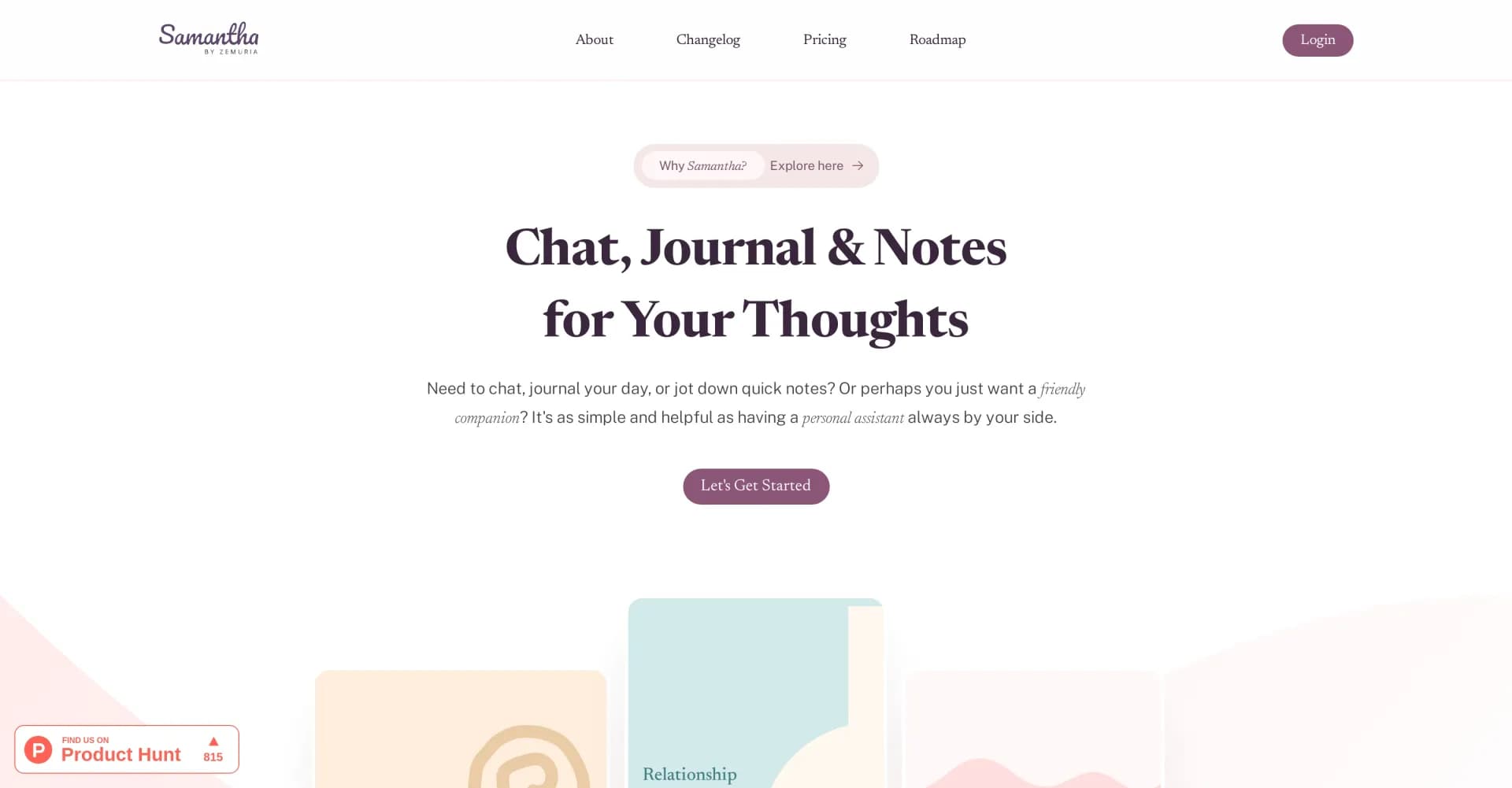 Samantha by Zemuria homepage screenshot — AI assistant for chat, journaling, and note-taking.
