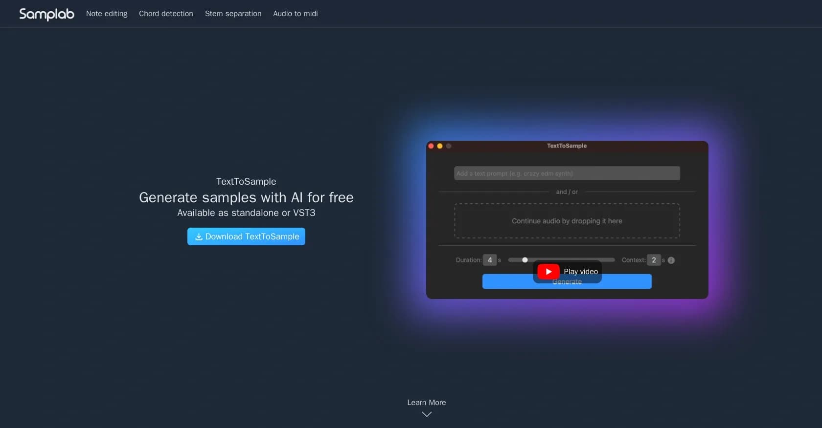 Samplab homepage screenshot — Generate audio samples with AI from text