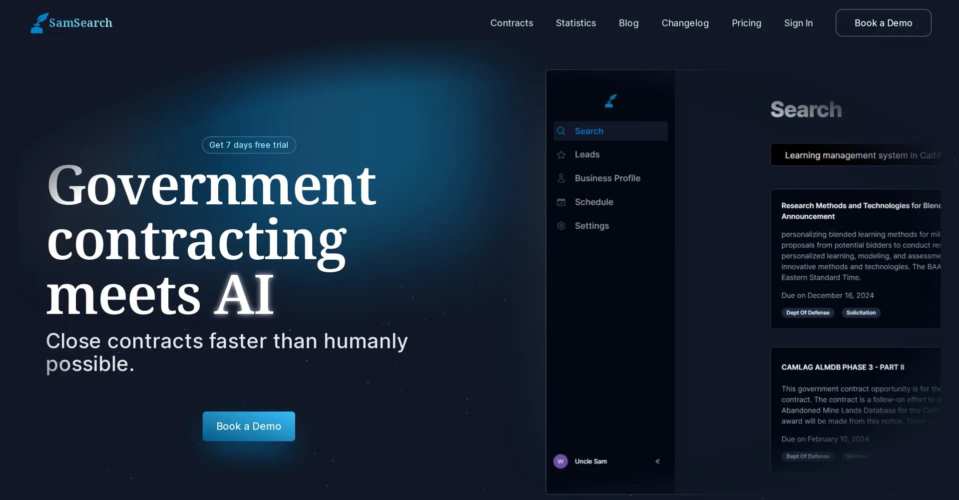 SamSearch homepage screenshot — Win government contracts with AI-powered proposals