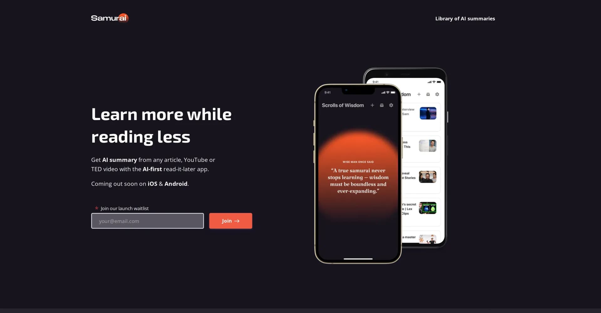 Samurai AI homepage screenshot — Get AI summary of articles, videos with read-it-later app.