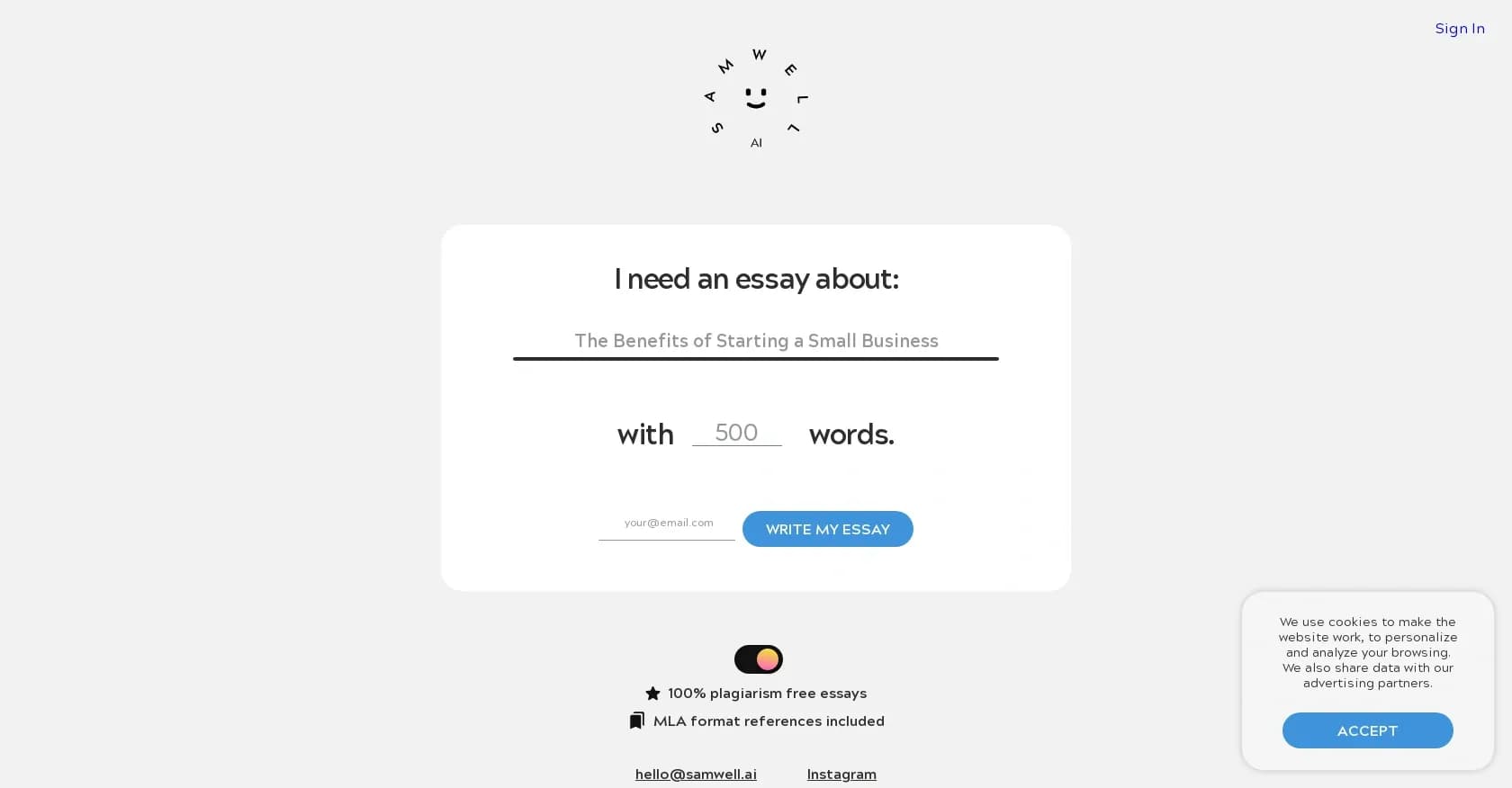 Samwell homepage screenshot — AI-powered essay writer for faster, better results.