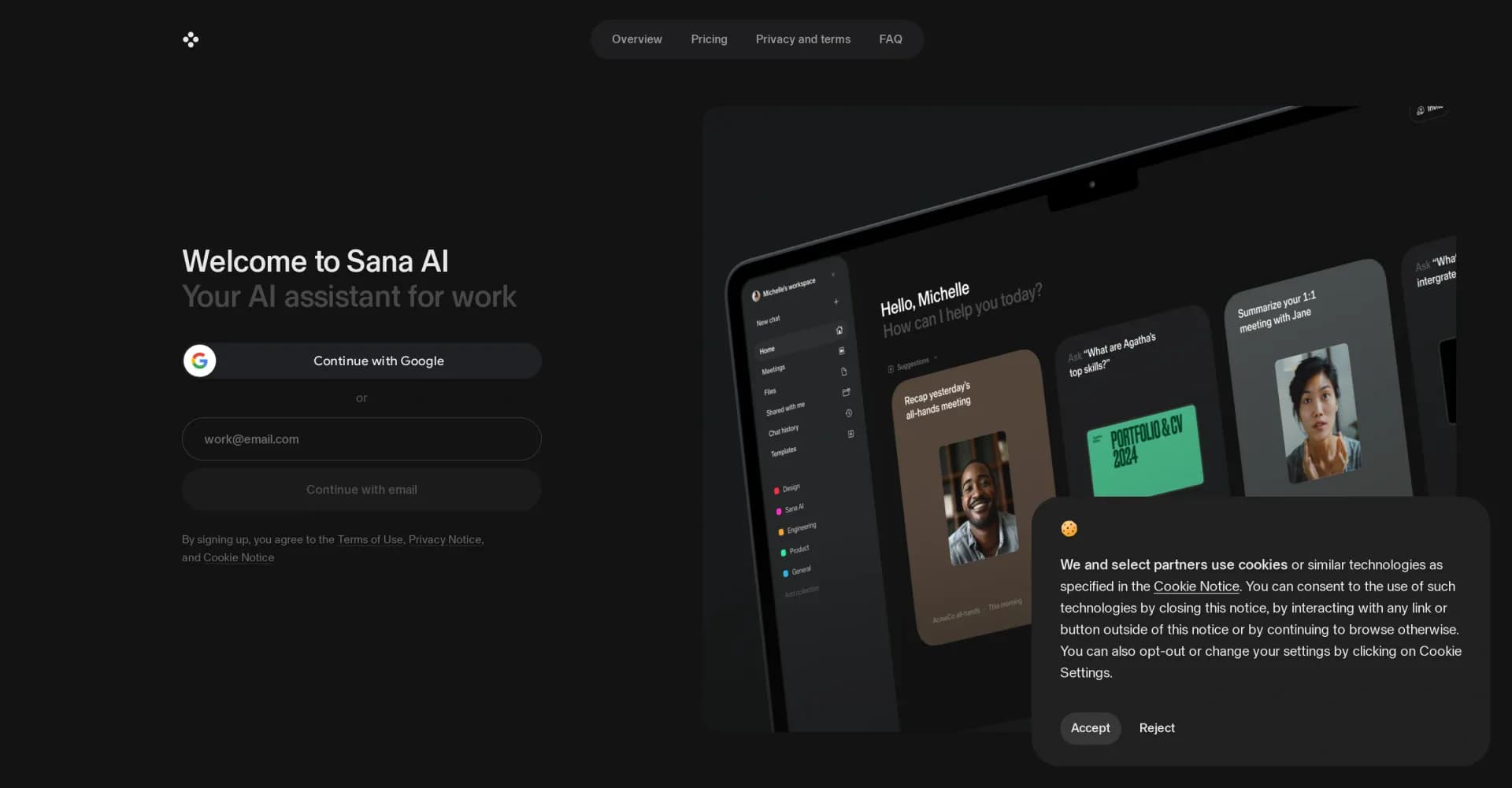 Sana AI homepage screenshot — Chat with your knowledge, including meetings.