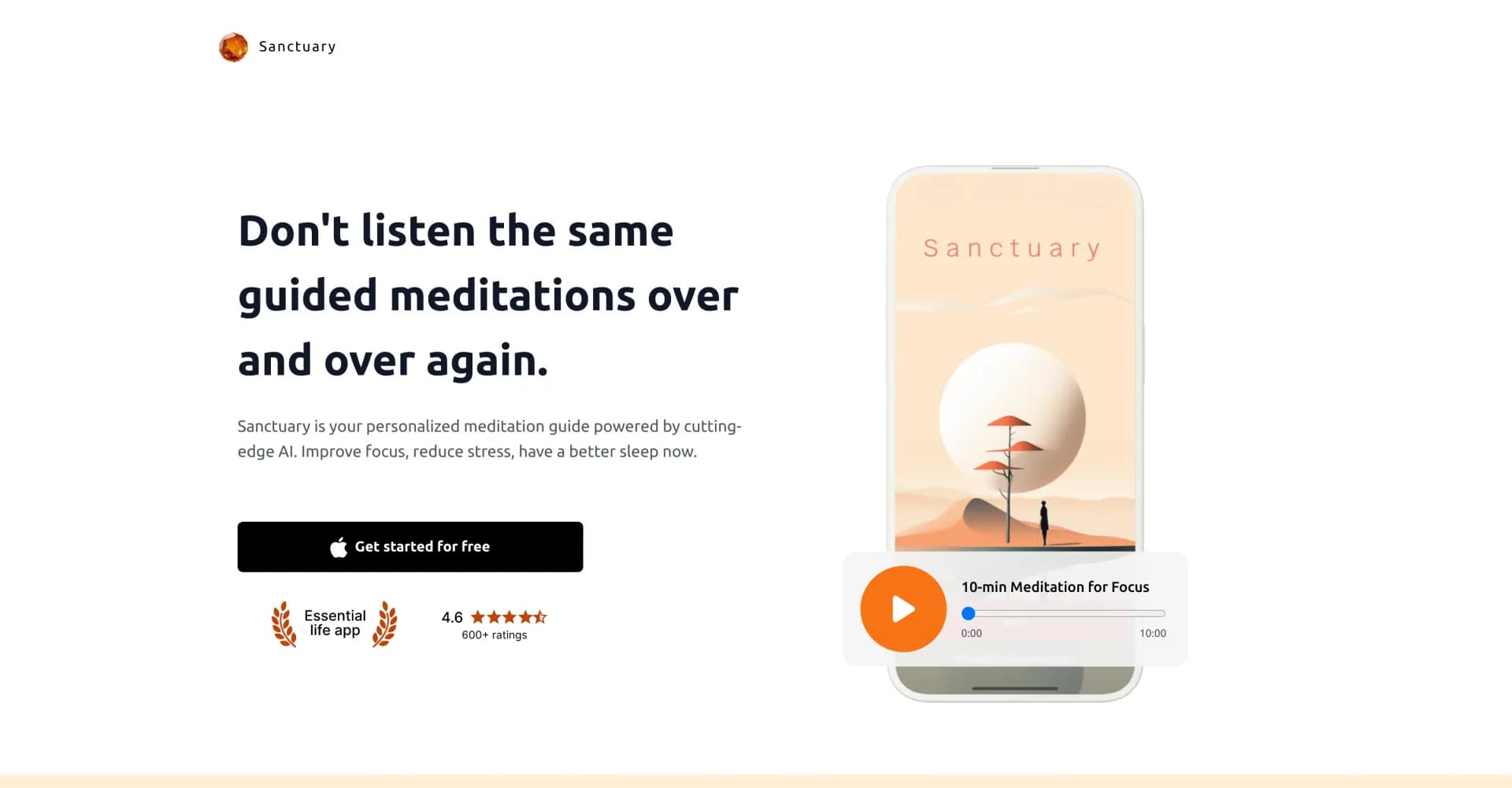 Sanctuary: Meditations & Sleep homepage screenshot — AI-powered meditation guide for inner peace.
