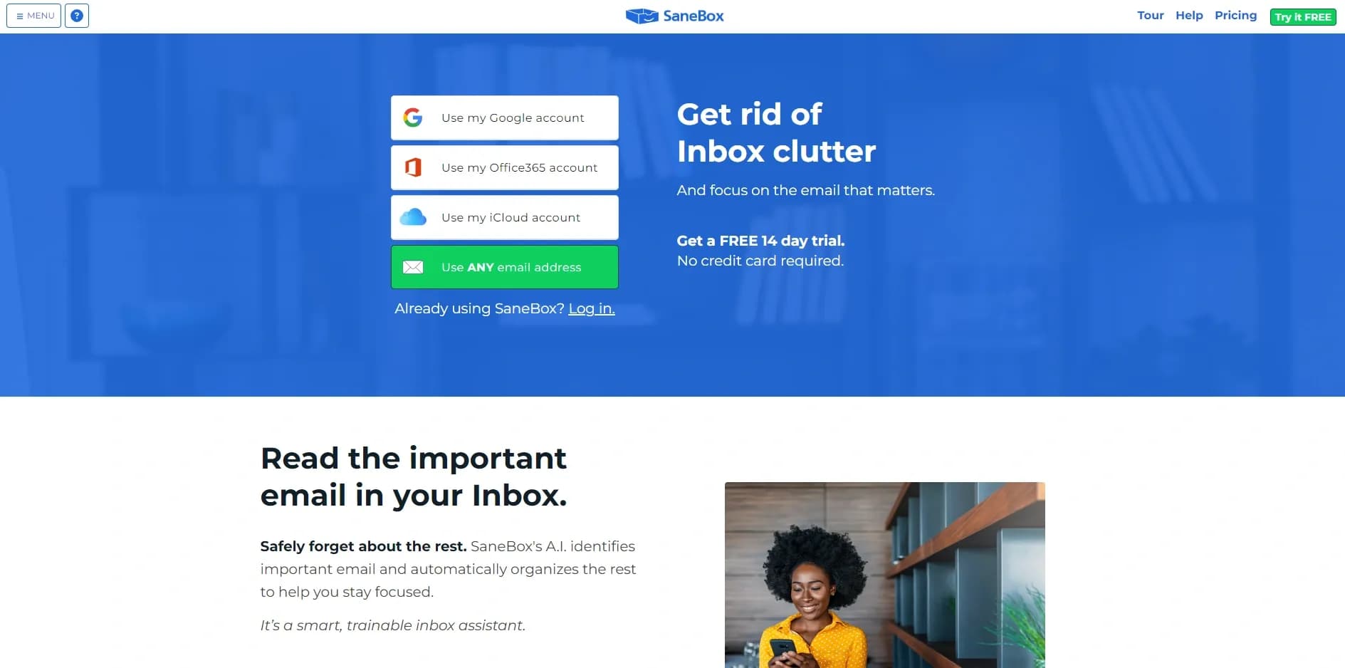SaneBox homepage screenshot — Enhanced email organization and productivity.