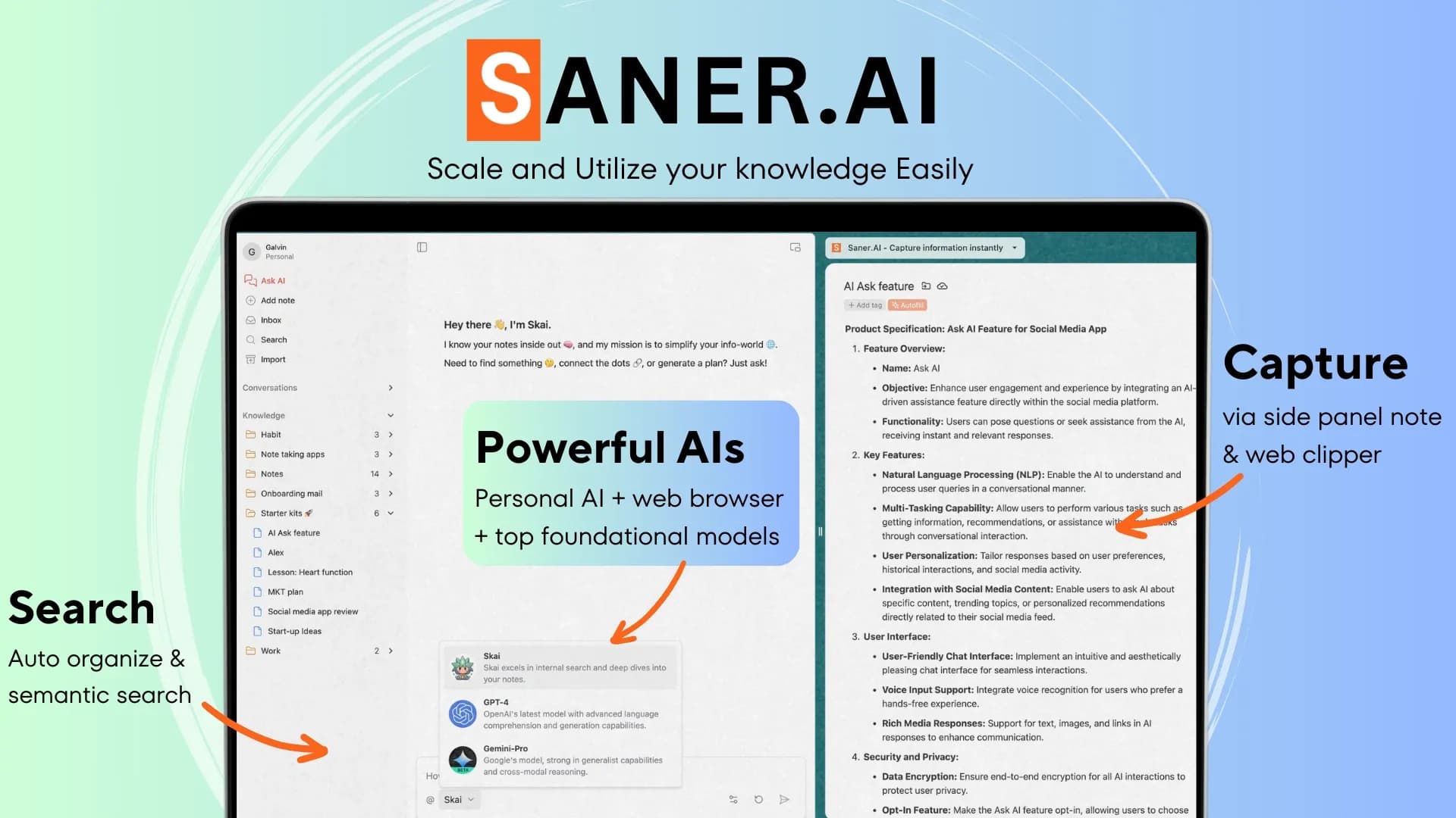 Saner.ai homepage screenshot — Organized knowledge for business and info management.