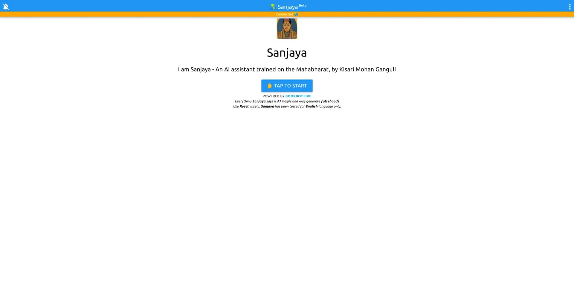 Sanjaya chatbot homepage screenshot — Your AI guide to the Mahabharat epic
