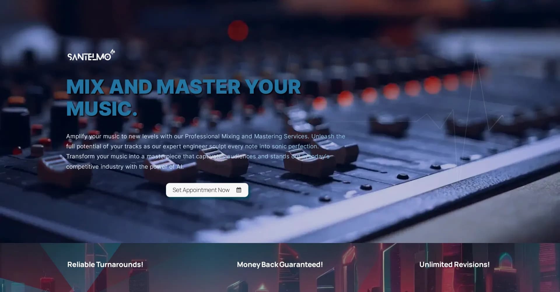 Santelmo Music homepage screenshot — AI-powered mixing and mastering for professional-quality tra