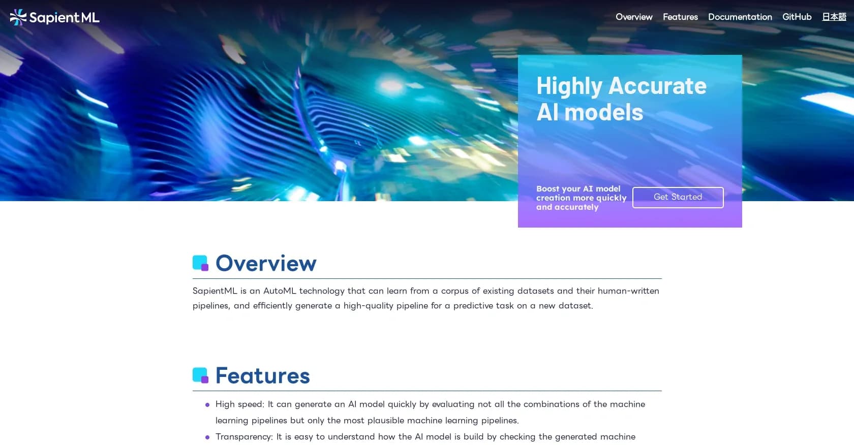 SapientML homepage screenshot — Boost AI model creation quickly and accurately