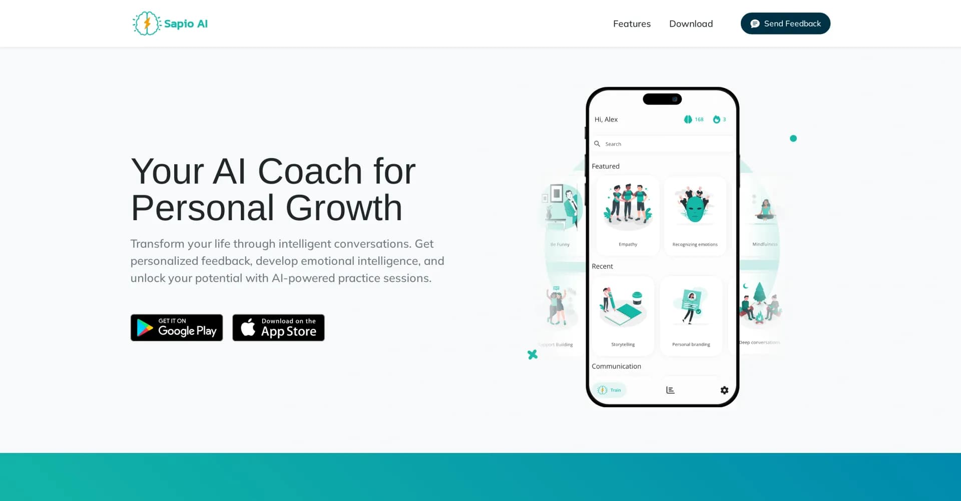 Sapio AI homepage screenshot — Transform your life through intelligent conversations.