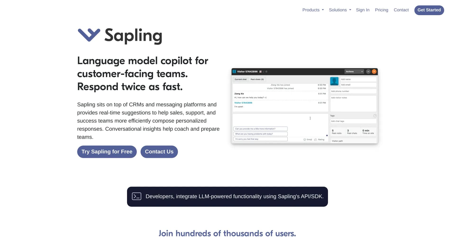 Sapling homepage screenshot — AI copilot for faster, personalized customer responses