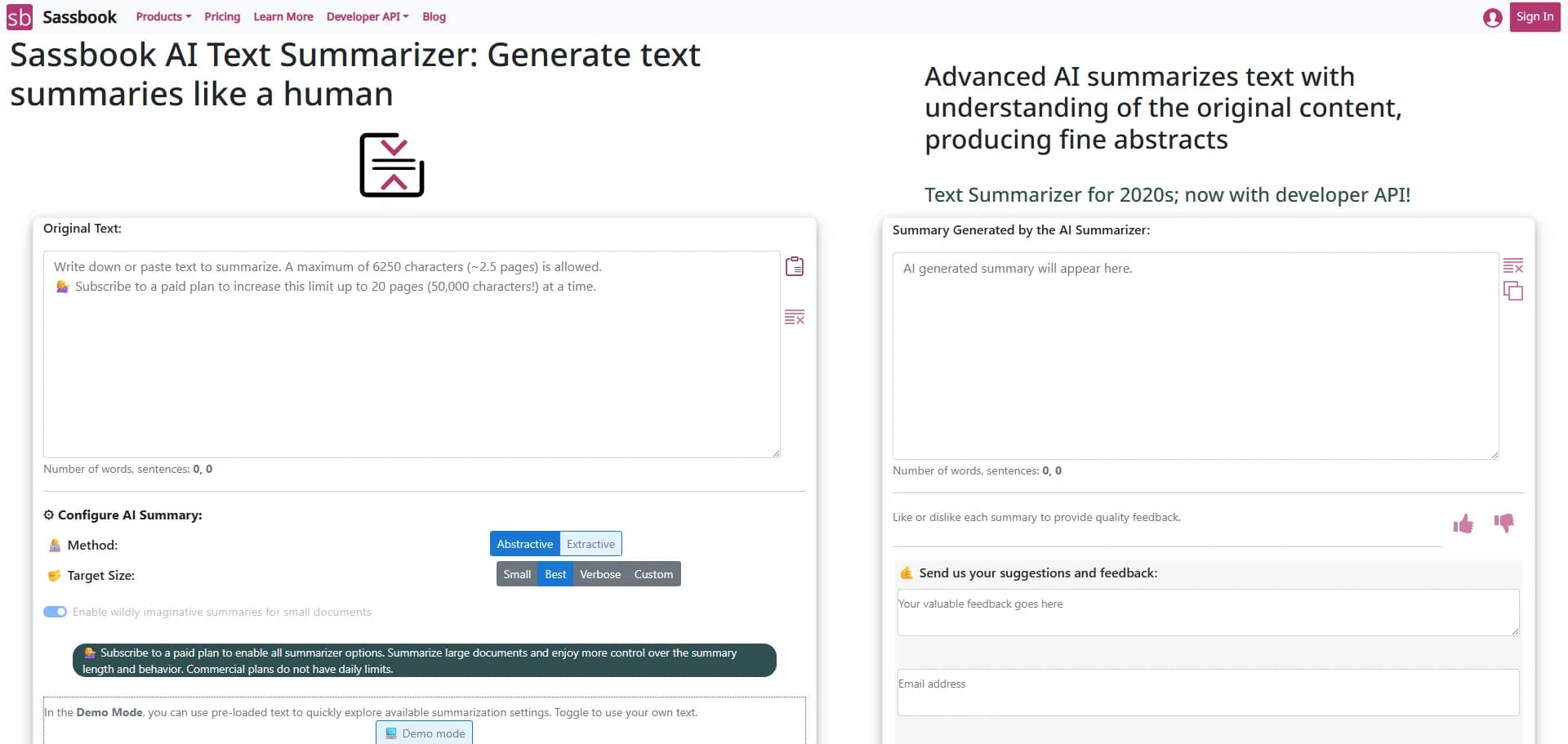Sassbook AI Summarizer homepage screenshot — Create human-like text summaries effortlessly.