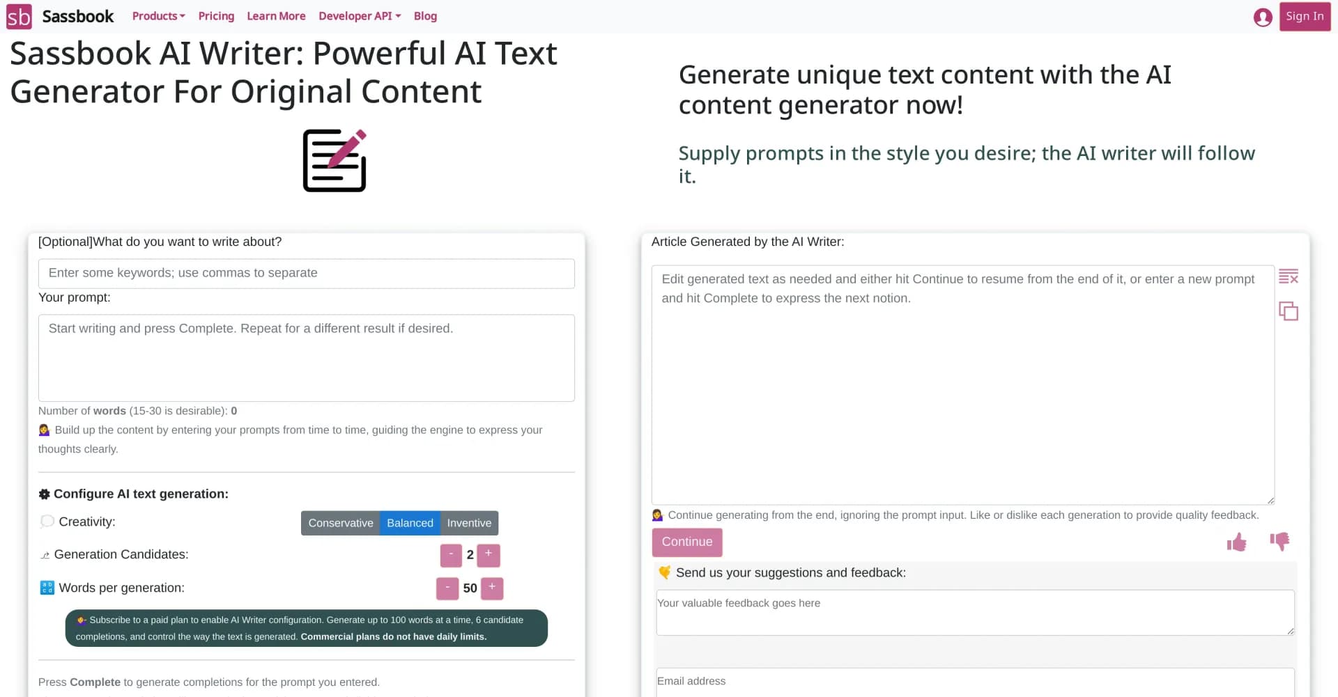 Sassbook AI Writer homepage screenshot — AI-powered writing for all your content needs.