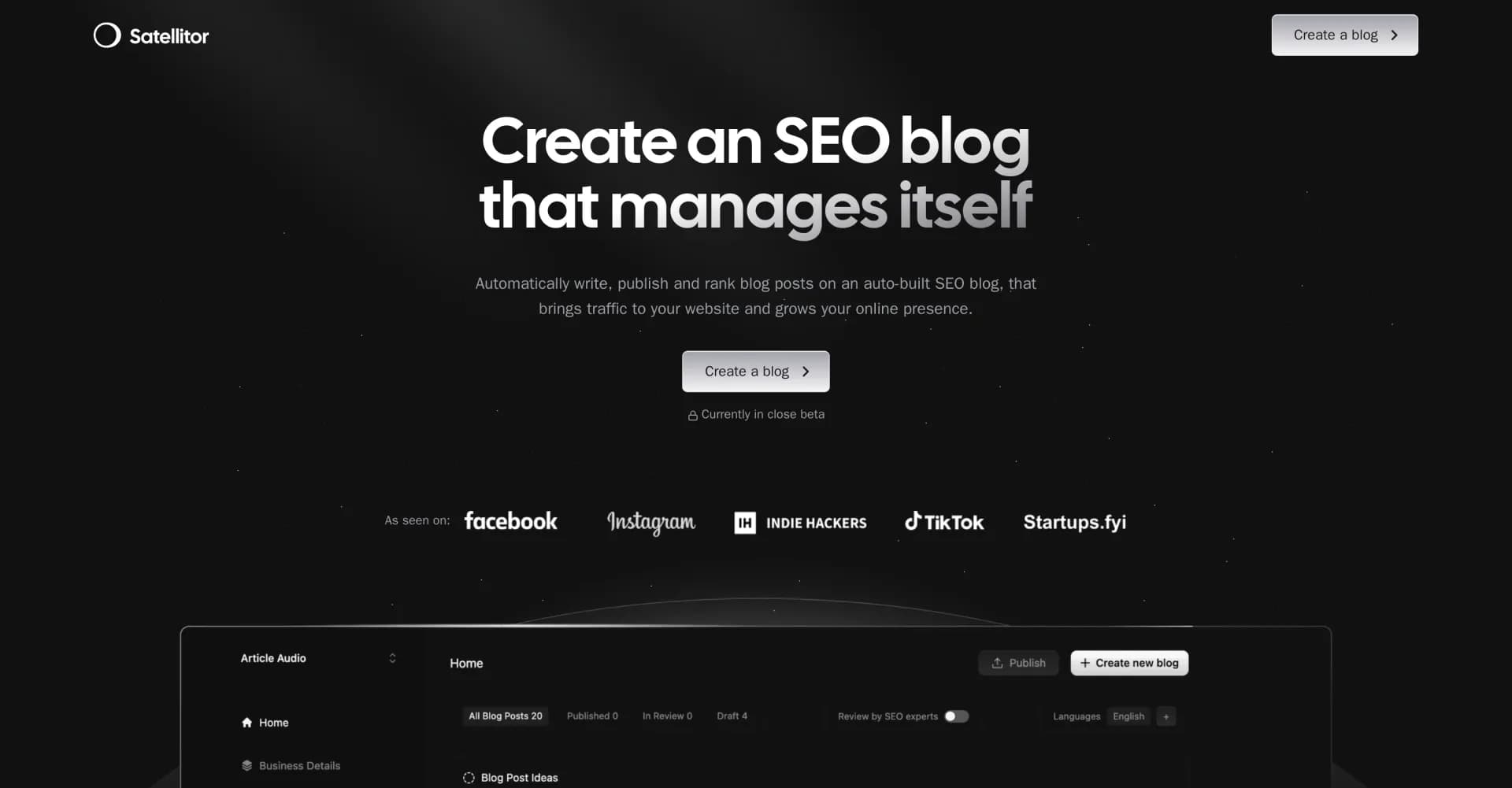 Satellitor homepage screenshot — Launch SEO blogs on autopilot that drive traffic.
