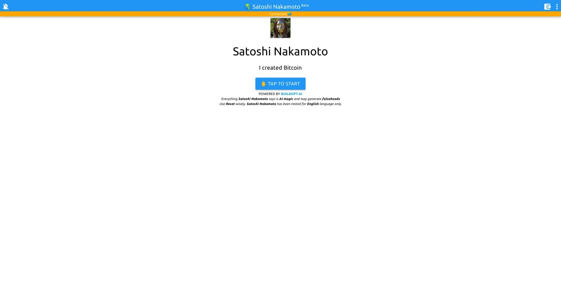 Satoshi Nakamoto Chatbot homepage screenshot — Converse with Bitcoin's creator.