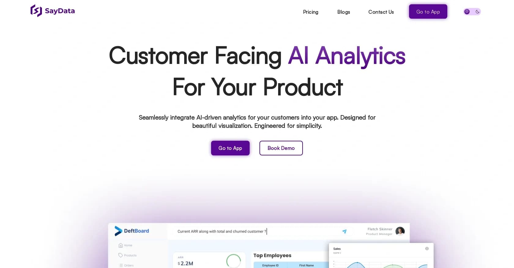 SayData homepage screenshot — AI-driven analytics for customer-facing SaaS apps