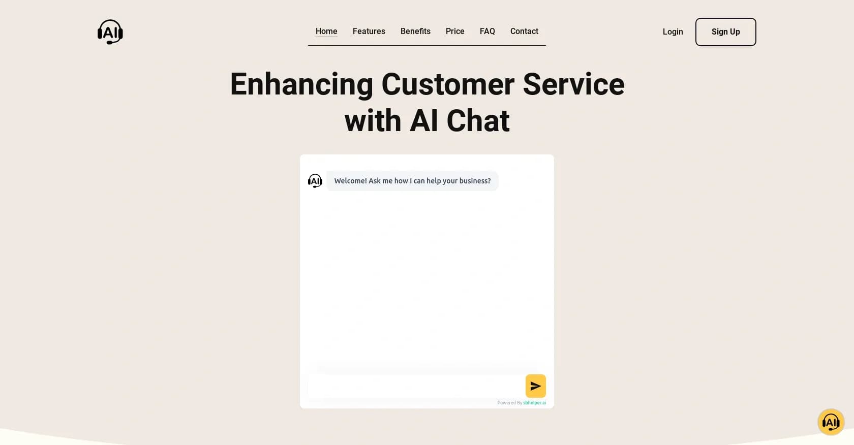 SBhelper homepage screenshot — AI support chat: 24/7 customer service for small businesses.