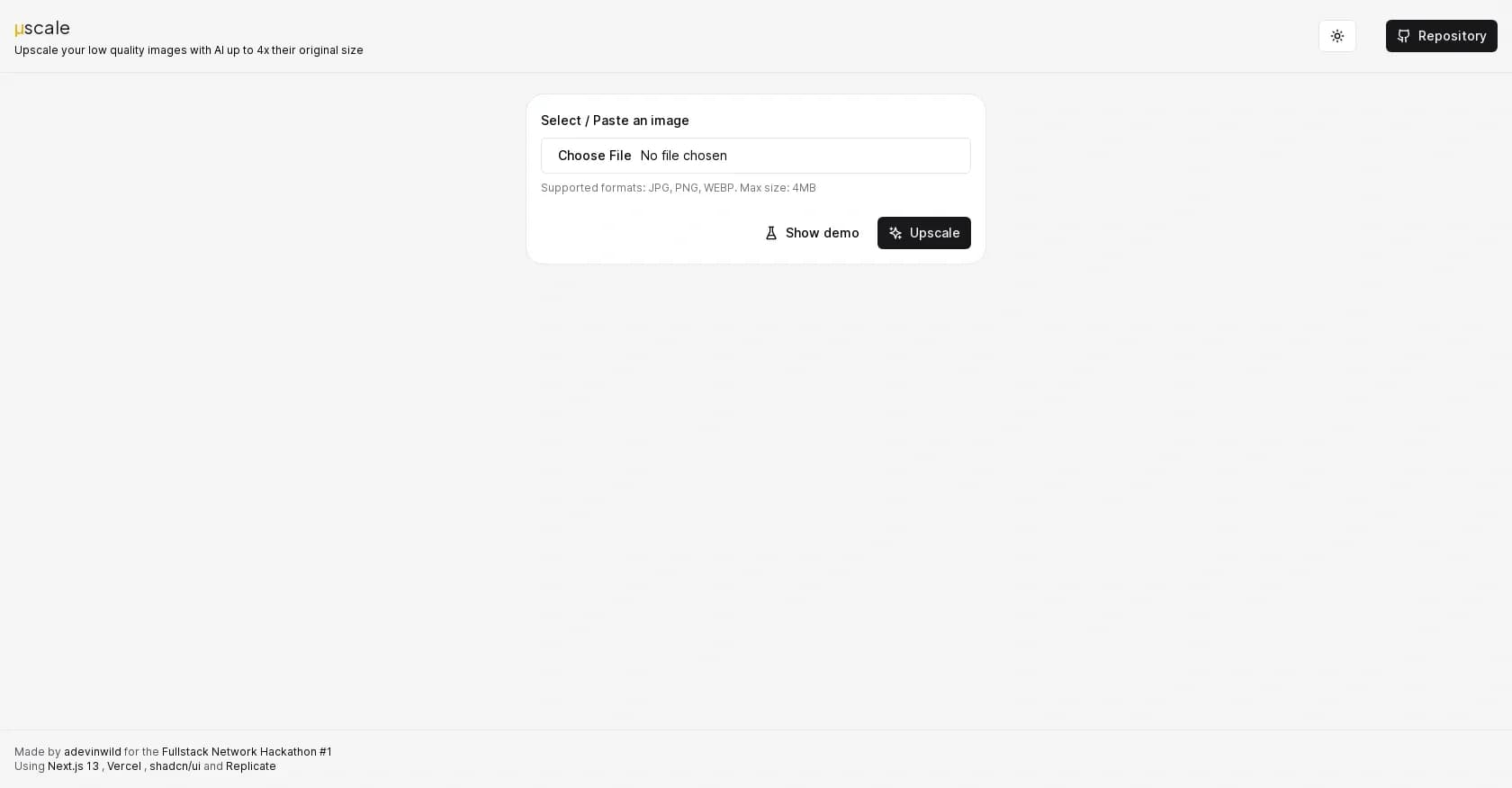 µScale homepage screenshot — AI-powered image upscaling up to 4x