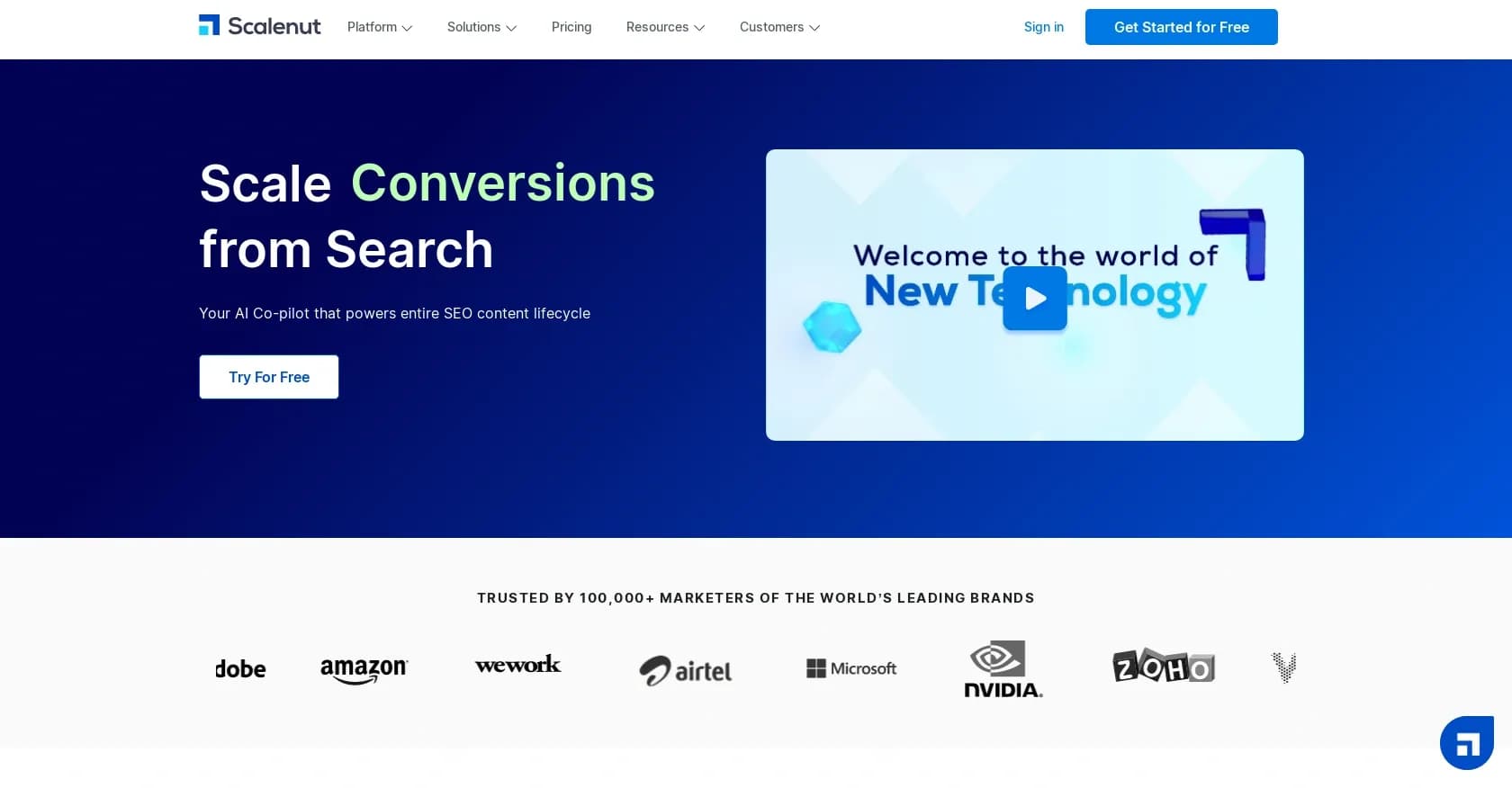 Scalenut homepage screenshot — Plan, create, and optimize content with AI