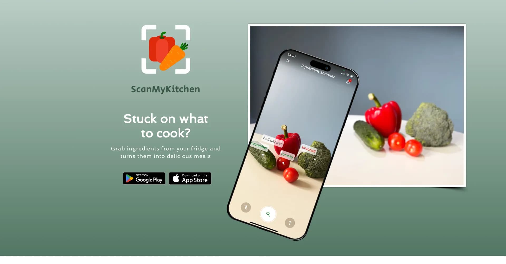 Scan My Kitchen homepage screenshot — Turn fridge ingredients into delicious meals.