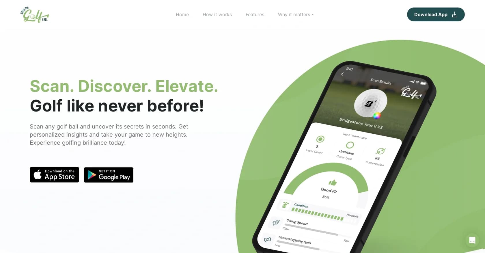 ScanMyGolfBall homepage screenshot — Scan golf balls for instant insights and performance boost.