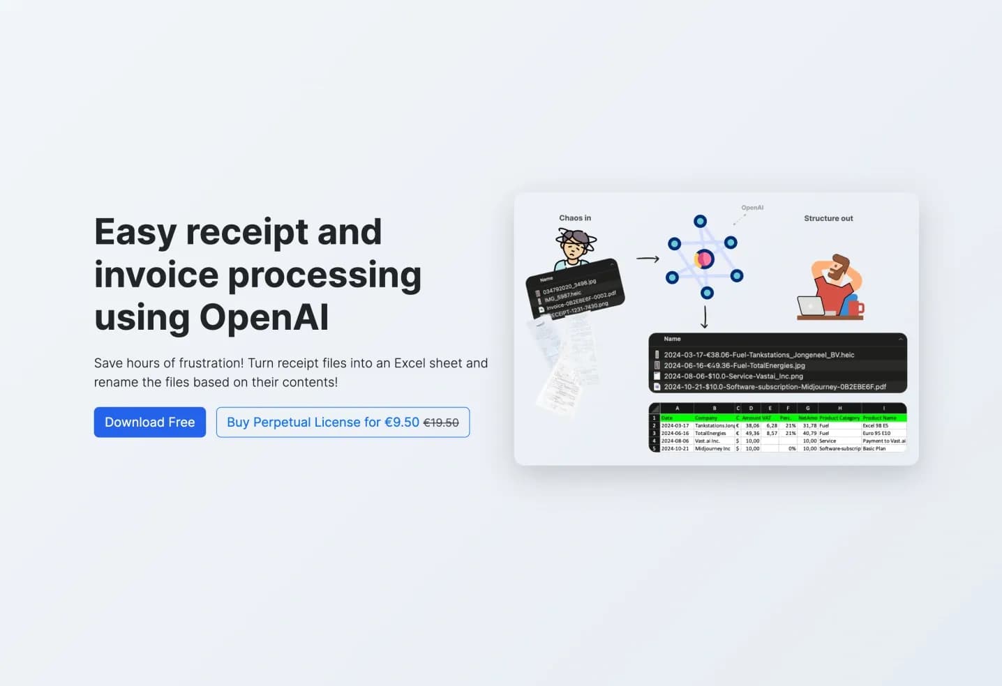 ScanRelief homepage screenshot — Convert receipts to Excel and rename files intelligently.
