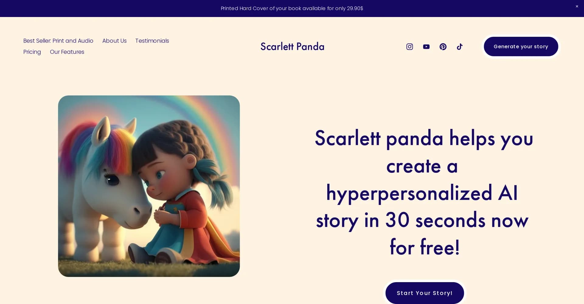 Scarlettpanda homepage screenshot — Generate customized stories featuring your loved ones.