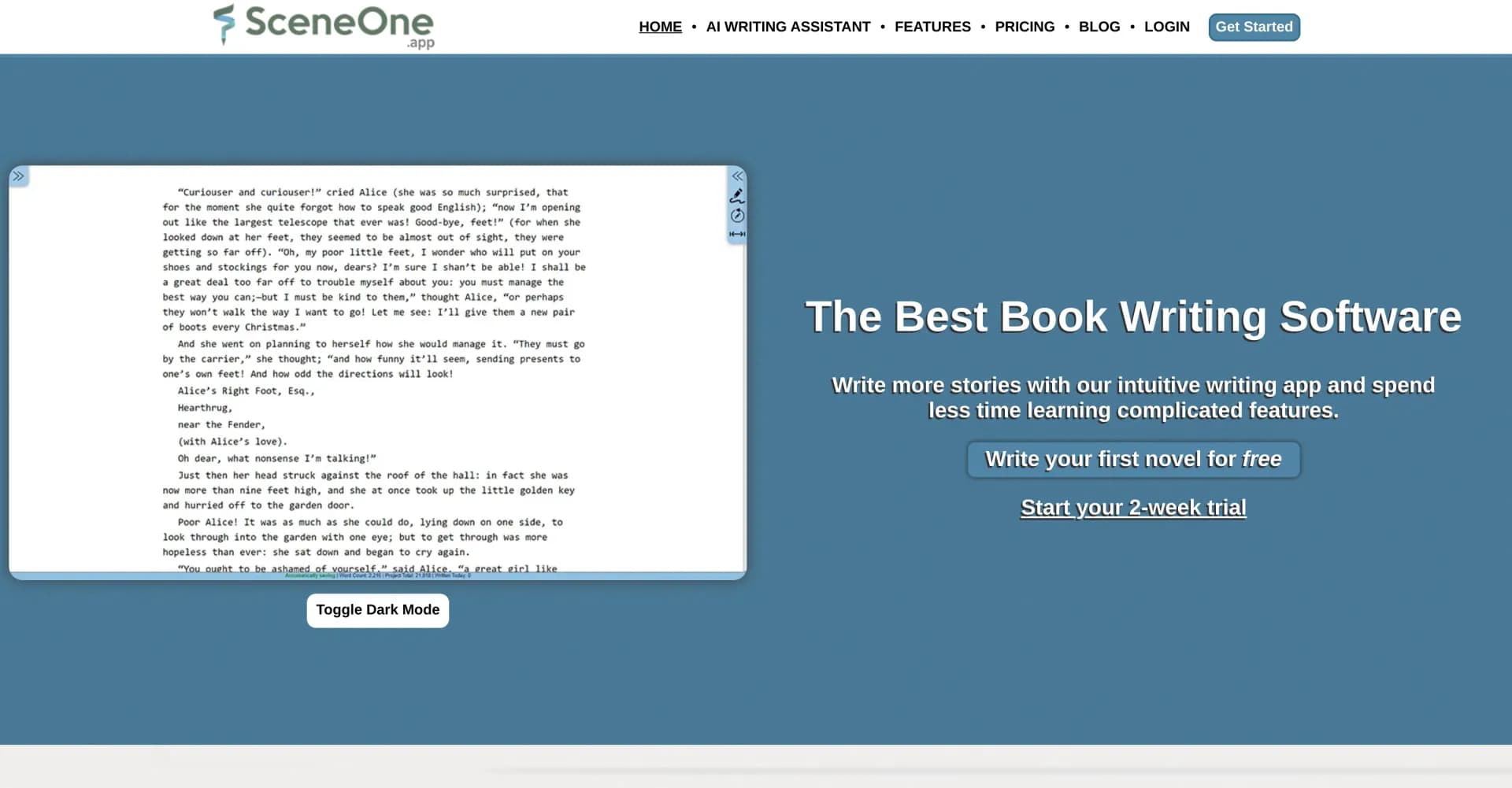 Scene One homepage screenshot — Write more stories, less hassle with AI-powered book softwar