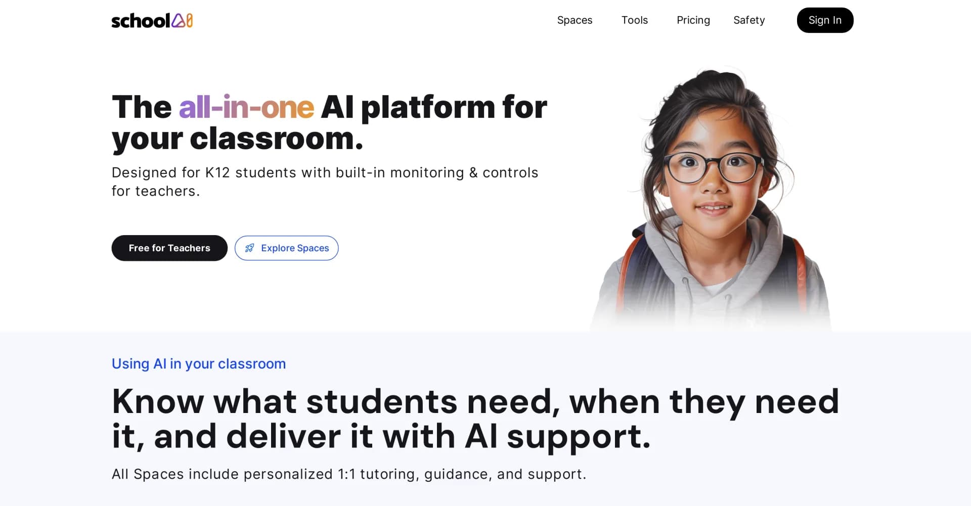 SchoolAI homepage screenshot — AI platform for personalized classroom experiences
