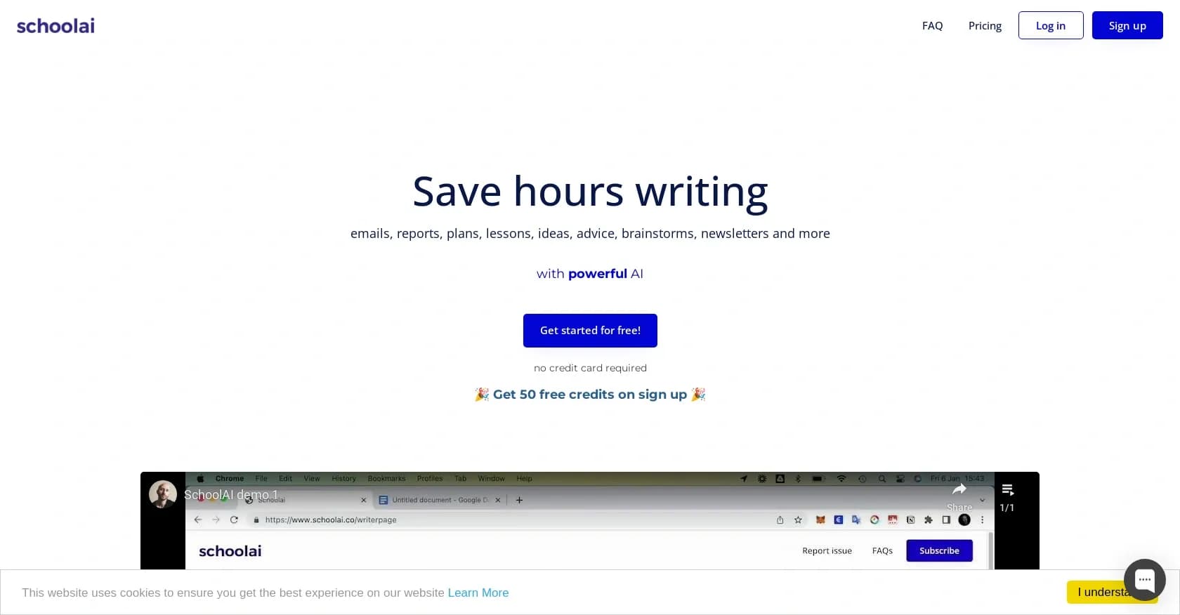 SchoolAI homepage screenshot — AI-powered writing for educators: Save hours, create more.