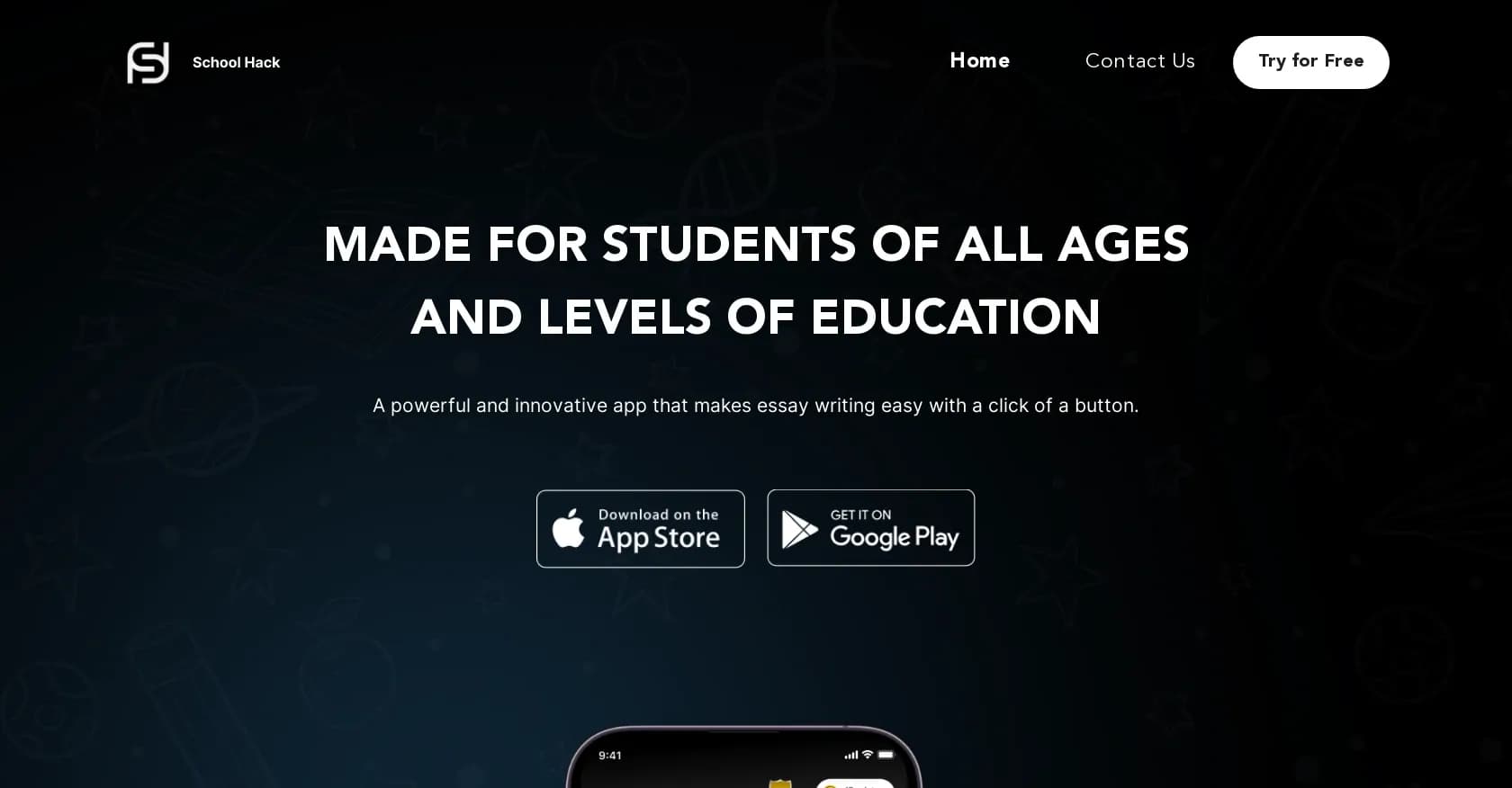 SchoolHack homepage screenshot — Write essays instantly with AI-powered assistance.